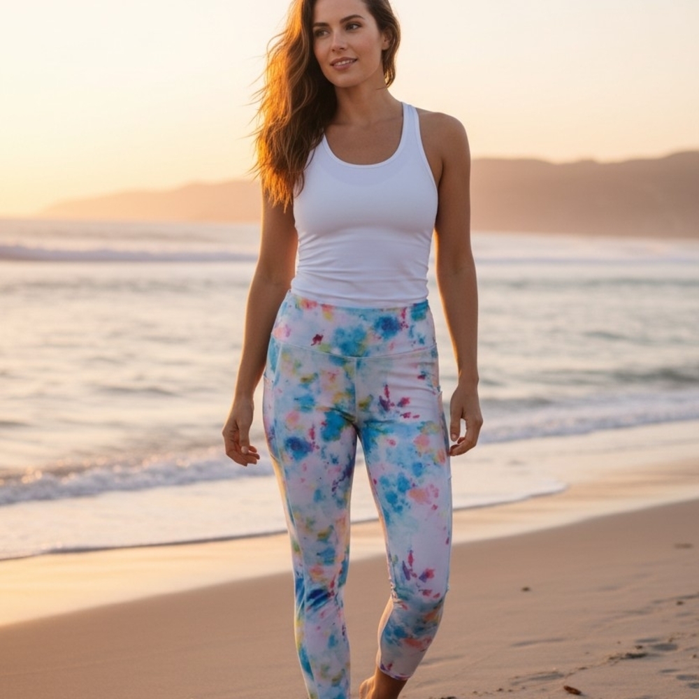 Cali Active - NWT,  "Cloud Tie Dye", Leggings, Pockets, Size Large, Ankle,